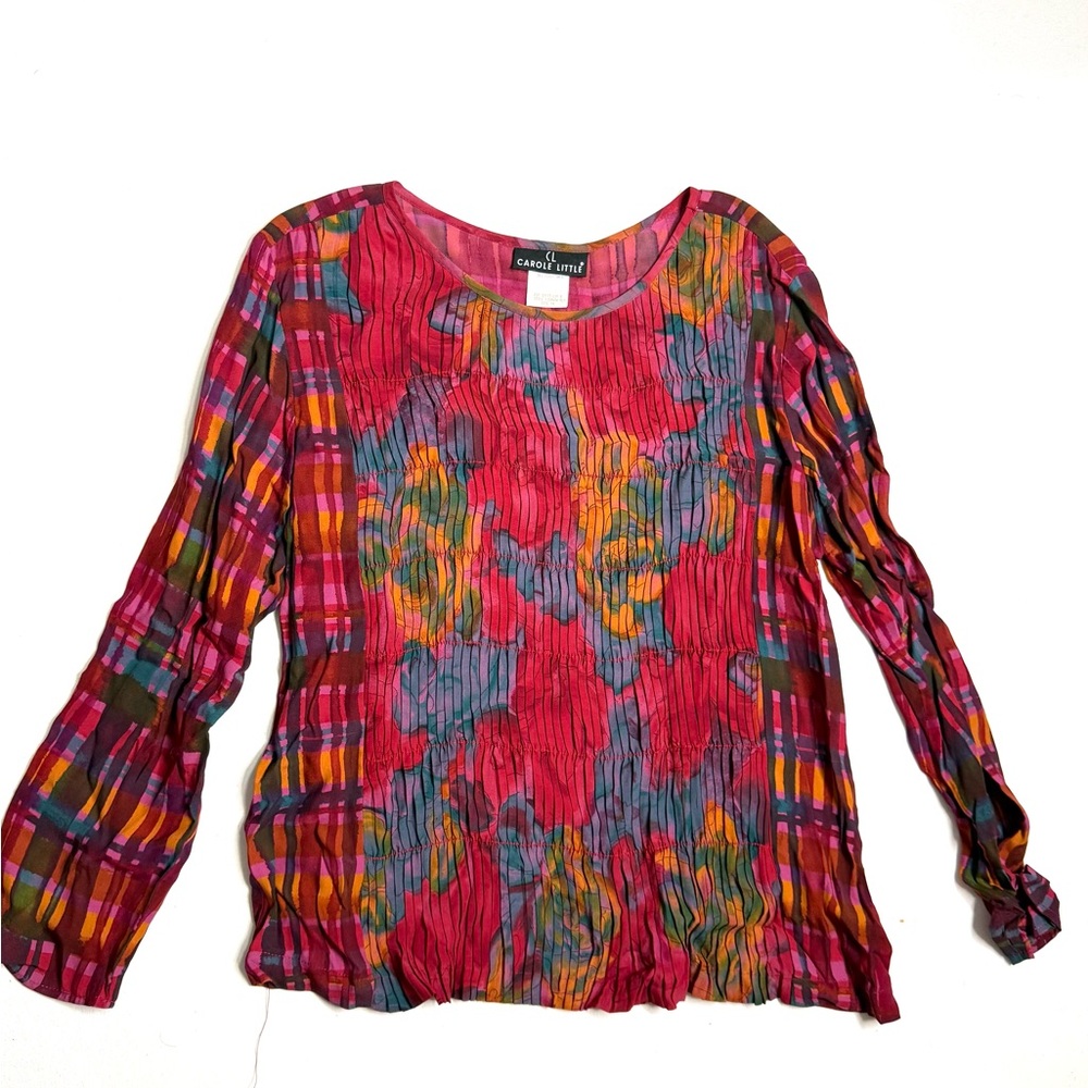 Vintage Carole Little Multicolor Pleated Long Sleeve Blouse Size 14